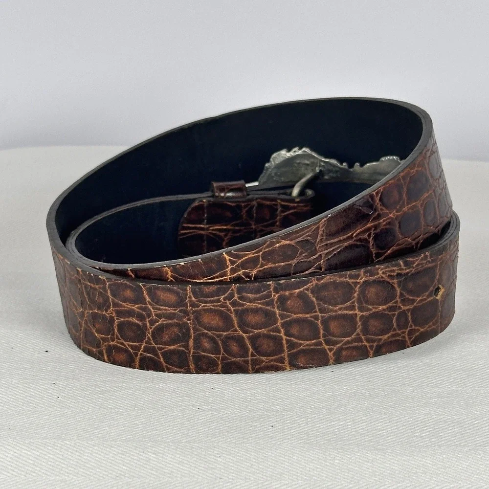 FCX‎ Collection Brown Croc Embossed Belt Pewter Vintage Heart Buckle Boho Size L